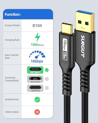 SUNGUY Câble USB C, USB 3.1 Gen 2 vers USB C Câble 0,3 m, 10Gbps 3A Câble USB C charge rapide pour iPhone 15/15 Pro, Galaxy S21, SSD, Android Auto,Galaxy S24-Noir