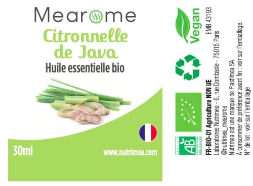 Huile Essentielle de CITRONNELLE de JAVA BIO - Cymbopogon Winterianus - Distillée en FRANCE - Mearome - 30 ml - 100% Pure et Naturelle, HEBBD, HECT