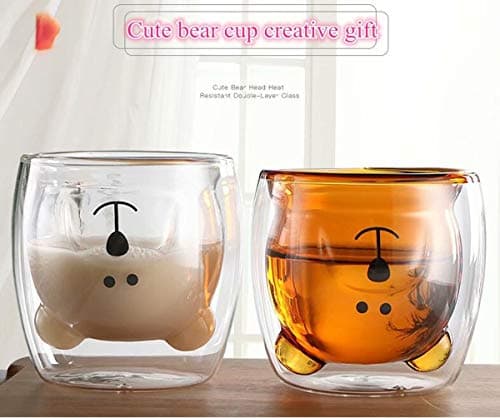 Tasse de Café Double Paroi Coupe en Verre Sapin Noël Tasses en Verre Petit ours Motif Le Lait Coupe Cadeau D'anniversaire Créatif Saint Valentin Romantique(White Bear)