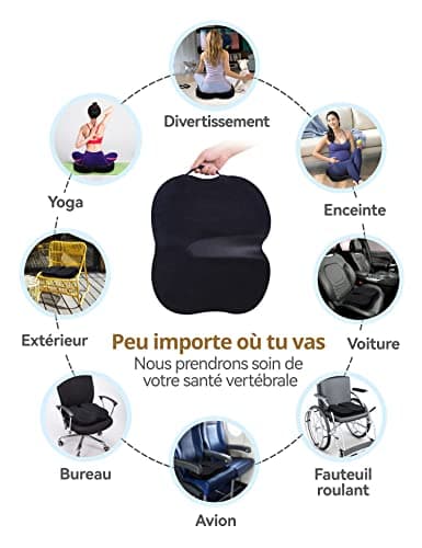 Travel Ease Coussin de Siège Ergonomique, Coussin de Chaise en Mousse à Mémoire avec Base Antidérapante pour Confort Longue Durée, Coussin de Hanche pour Chaise de Bureau, Siège de Voiture (Noir)