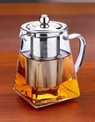 Théière en Verre avec Infuseur Amovible, Teapot Bouilloire 750 ML en Verre Borosilicate Transparente et Classique, Passoire et Couvercle en Acier Inoxydable 304