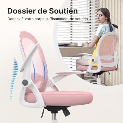 naspaluro Chaise de Bureau avec Accoudoir Relevable, Fauteuil de Bureau avec Soutien Lombaire, Siège Bureau avec Dossier Moyen de 45 cm (sans Repose-Pieds ni Appuie-tête, Rose)