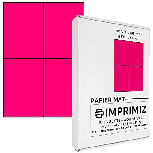 100 étiquettes autocollantes Rose fluo de 105 X 148,5 mm - 4 étiquettes/feuille - 25 planches papier A4 adhésif couleur - pour impression Laser et Jet d'encre