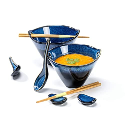Henten Home Bols à Ramen, Bol Chinois pour Soupe Porcelaine, 8 Pièces pour Udon, Pâtes, Céréales et Mélange de Fruits, Bol Fait à la Main de Style Japonais - 600ml, Bleu
