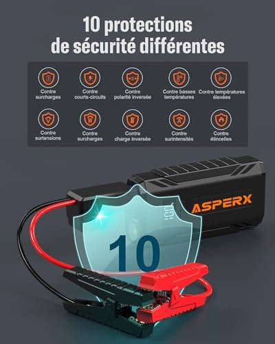 AsperX Booster Batterie Voiture 2000A, Chargeur Batterie Voiture 12V Portable (Jusqu’à 8,0L Gaz ou 6,5L Gazole), Démarreur Batterie Voiture avec Lampe LED et Ecran LCD de 1,4 Pouces