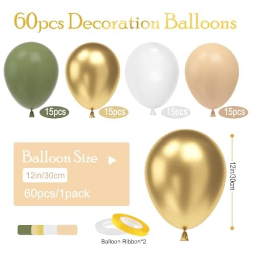 Ballon Vert Sauge, 60Pcs Ballon Vert et Or, Latex Ballons Vert Olive Blanc Or, Guirlande de Ballons Verts Decoration pour Anniversaire Garçons Filles Baby Shower Mariage Fête