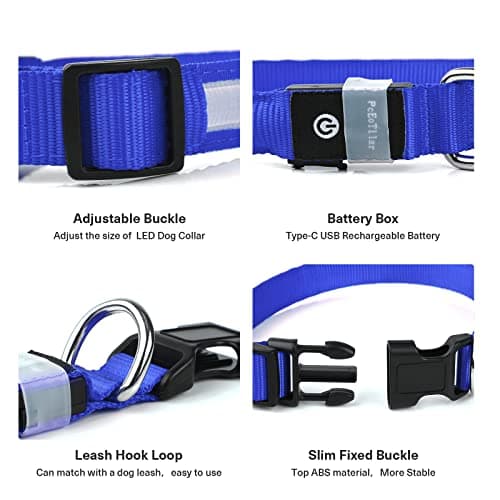PcEoTllar Collier Lumineux Chien, Collier Chien LED Rechargeable et Etanche Clignotant, Collier Chien Fluorescent avec 7 Couleurs, Sécurité avec Réglable pour Petits Moyens Gros Chiens, Bleu-M