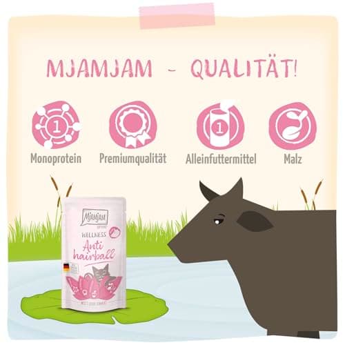 MjAMjAM - Nourriture humide Premium pour chats - Wellness - Anti Hairball - Bœuf, paquet de 12 (12 x 125g), sans céréales