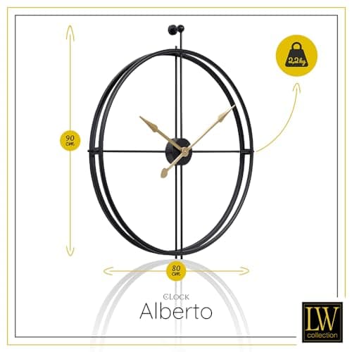 LW Collection Horloge Murale Alberto Noir avec Aiguilles dorées 80 cm - Grande Horloge Murale Industrielle en Métal - Horloge Murale Moderne - Mouvement Silencieux - Horloge Silencieuse
