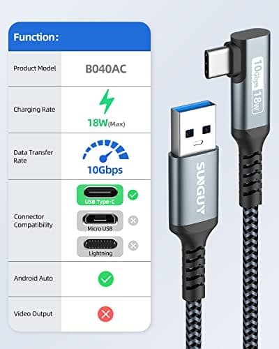 SUNGUY Câble USB C Coudé, 0.5M 10Gbps USB 3.1 Gen 2 Câble USB C vers USB, Type C Charge Rapide Compatible avec Android Auto, Galaxy S22, SSD, Huawei P30/P20, Xiaomi-Gris