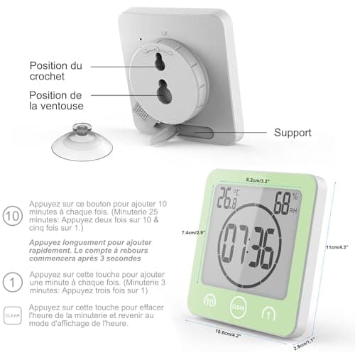 Horloge de Salle de Bain, Horloge de Douche Contrôle Tactile étanche, Alarme Numérique LCD, Thermomètre Hygromètre, Minuterie de Compte à Rebours, Alimenté par Pile, pour Maquillage Cuisine (Vert)