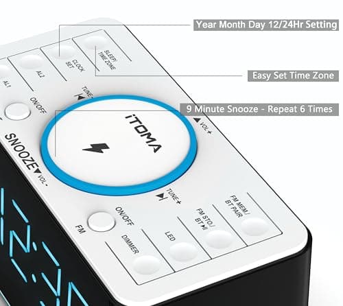 Radio réveil avec Chargeur sans Fil 15W, APP contrôle, FM Radio, Bluetooth, Deux Ports de Charge, Double réveil, minuterie de Sommeil, Snooze, gradateur Manuel Automatique iTOMA 207A