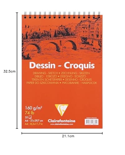 Clairefontaine 96674C Bloc Spiralé en-tête Papier Dessin Croquis - 35 Feuilles Papier Dessin au Grain Très Léger - A4 21x29,7 cm 160g - Idéal pour le Dessin et Croquis au Crayon, Feutre et Fusain