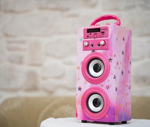 Machine à Karaoké Portable DYNASONIC avec 2 Micros, Enceinte Haut-Parleur Bluetooth, Designs Exclusifs, Lecteur USB/SD, Lumières, Cadeau pour Enfants (Modele 15 lumière)