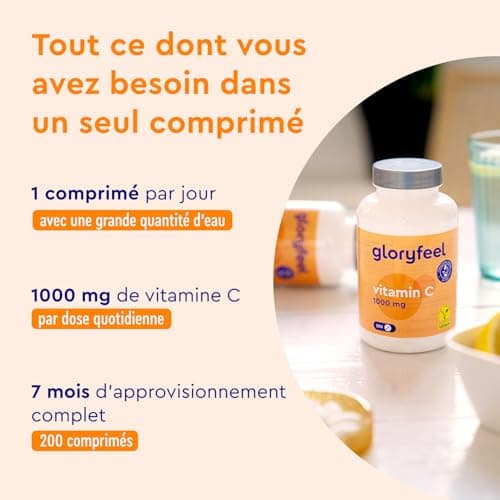 Vitamine C 1000mg 200 Comprimés, Antioxydant pour Os, Système Immunitaire, Peau, et Fatigue*, Cure de 7 Mois, Vitamine C Hautement Concentré avec L Acide Ascorbique Pure, Testé en Laboratoire