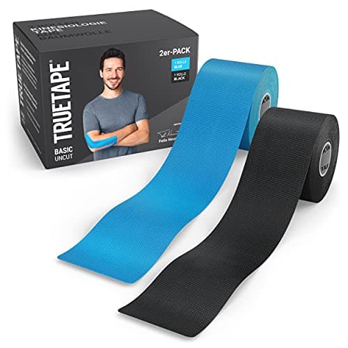 TRUETAPE® - Bandes de Kinésiologie en diverses coleurs | Rouleau de 5m x 5cm | Kinesio Tape imperméable et élastique pour le sport | Kinesiology Tape | Bleu & Noir