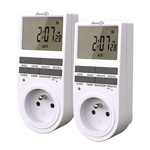 Awootsv Prise Programmable Digitale avec Compte à rebours Minuterie Numérique Journalier/Hebdomadaire Programmateur Prise Electrique avec Ecran LCD et Mode Aléatoire Antivol (2 Pack)
