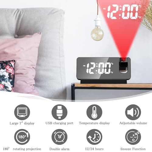 TNSLAND Réveil à projection, radio-réveil avec projection 180 °, réveil LED, horloge numérique, snooze, double gong, température USB, fonction de charge, horloge de projection pour la maison, le