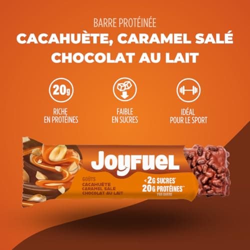 JOYFUEL Barre Protéinée - Goûts Chocolat au Lait, Cacahuètes & Caramel - <2g de sucre - 20g de protéines - 12 barres X 55g