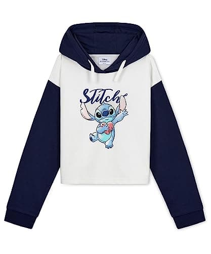 Disney Sweat à Capuche Fille Stitch, Pull Stitch, Crop Top Fille, Vêtements Mode Fille et Ado 7-14 Ans (Navy/Blanc, 7-8 Ans)