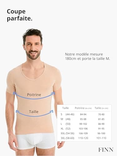 FINN T-shirt anti-transpiration pour hommes avec col en V et patchs intégrés aux aisselles pour la forte transpiration - maillot de corps contre les odeurs et les taches de sueur couleur peau nude XXL