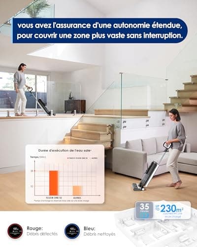 Tineco Aspirateur Eau et Poussière sans Fil Floor One S5 Intelligent pour sols durs, écran Digital, Longue autonomie, Parfait pour Les saletés collantes et Les Poils d’Animaux, économie d'espace