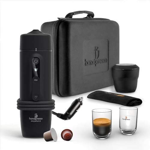 HANDPRESSO Auto Set Capsule - Cafetiere 12V ou 24V | Coffret avec Machine a cafe portable voiture ou camion pour capsules expresso NS avec valisette et tasses.