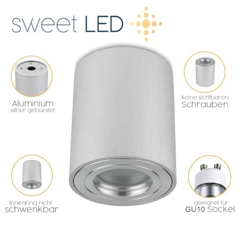 Sweet Led Lot de 4 spots encastrables pour salle de bain IP44 Aluminium GU10 95 mm pour pièces humides, salle de bain, environnements humides, 230 V en aluminium brossé rond