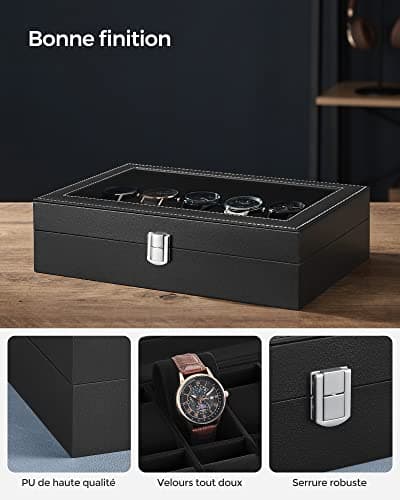 SONGMICS Boîte à Montres à 12 Emplacements, Coffret à Montres, Écrin, avec Couvercle en Verre, Coussinets Amovibles, Serrure en Métal, Revêtement en Noir et Doublure en Noir JWB12B