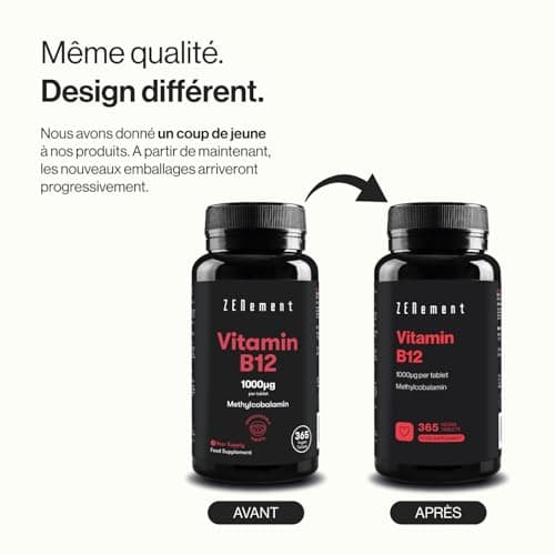 Vitamine B12 1000 mcg - 450 Comprimés Végans (+ 1 An) - Vit B12 Méthylcobalamine Hautement Biodisponible - Pour l'Énergie, l'Immunité et la Fatigue - Pour Végans, sans Additifs et Sans Gluten