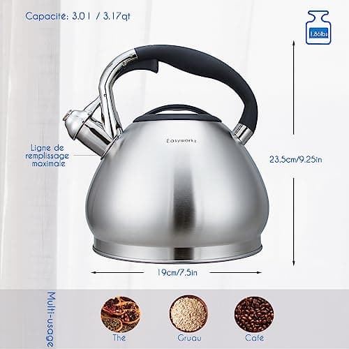 Easyworkz Bouilloire sifflante en acier inoxydable de qualité alimentaire avec sifflet puissant, 3,0l, argenté