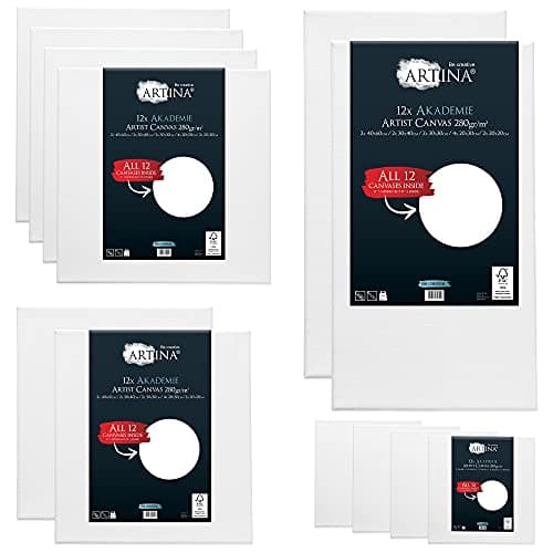 Artina Set de 12 Toiles FSC® Akademie 30x40, 20x20, 20x30, 30x30 & 40x60 cm – Toiles à Peindre 100% Coton 280 g/m2 – Set de Châssis Entoilés pour Peinture à l'huile, Acrylique, Aquarelle