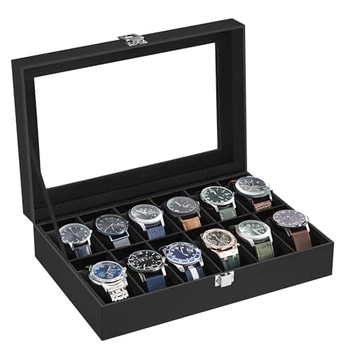SONGMICS Boîte à Montres à 12 Emplacements, Coffret à Montres, Écrin, avec Couvercle en Verre, Coussinets Amovibles, Serrure en Métal, Revêtement en Noir et Doublure en Noir JWB12B