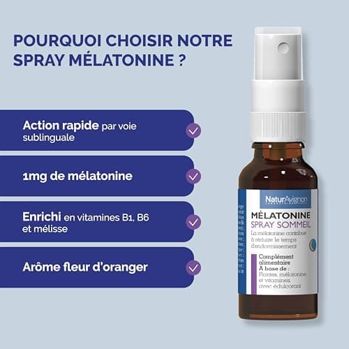 Laboratoire NaturAvignon | Mélatonine 1mg | Sommeil Rapide & Réparateur | Plantes & Vitamines B | Parfum Fleur d'Oranger | Fabriqué en France | Spray buccal 20ml