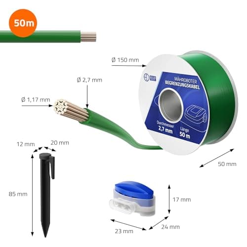 ECD Germany Câble Périphérique Universel pour Tondeuse-Robot, 50m, 12 Connecteurs de Câble + 200 Piquets de Terre, Ø 2,7 mm, Fils d'Aluminium Étamés et Cuivrés, Câble de Délimitation pour Jardins