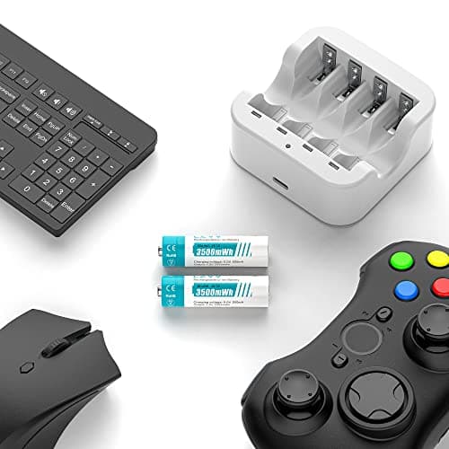 Piles Rechargeables Lithium AA 1,5V - Chargeur avec 12 Pack Accu Haute Capacité 3500mWh - Recharge Rapide 2H - Longue Durée 10 Ans, 1300 Cycles, Sortie Constante, Aux Souris, Claviers, Manettes de Jeu