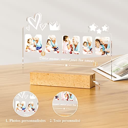 iDIY Cadeau Mamie Lampe Photo Personnalisée Veilleuse Enfant Cadre Photo Personnalisé Lumineux Cadeau Fête Des Grands Mères Anniversaire Noël