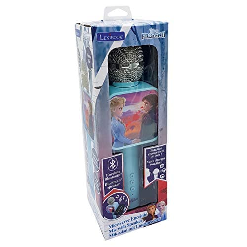 Lexibook- Microphone Bluetooth La Reine des Neiges 2 Elsa Anna Olaf avec Fonction Changement de Voix, Porte-téléphone Inclus, Enceinte intégrée, Bleu, MIC240FZ