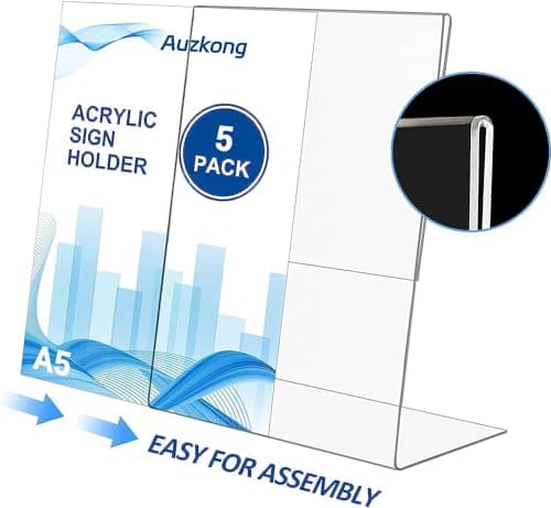Auzkong Lot de 5 Supports de Panneau inclinés en Acrylique Transparent, Présentoir en A5, Supports de A5 en Acrylique, Présentoir A5 pour Restaurants Hôtels Menus Magasins Bureaux