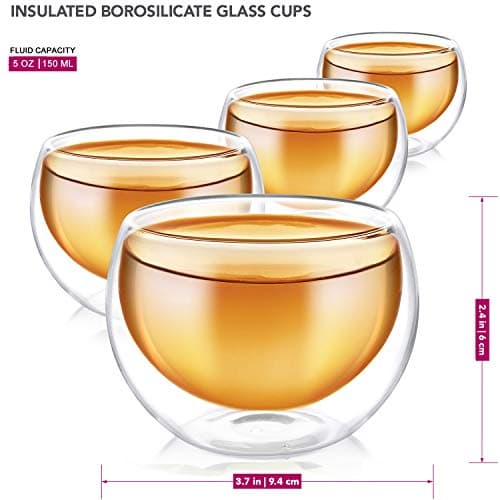 Teabloom Théière en verre compatible avec la cuisinière avec infuseur amovible (1200 ml) et quatre tasses en verre à double paroi (150 ml) – Service à thé Classica