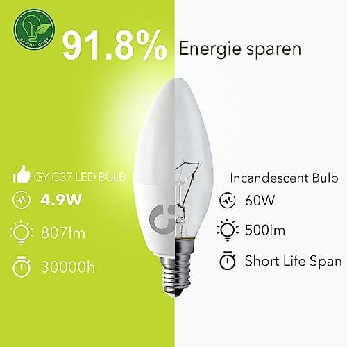GY Ampoule LED E14 4,9W (équivalent 60W), 807 lumens 3000K Blanc Chaud, C37 Ampoule E14 Efficacité Energétique, E14 LED Non-Dimmable, Lot de 6