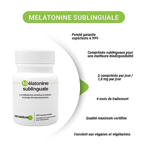 MÉLATONINE SUBLINGUALE * Pureté garantie supérieure à 99% *1.8 mg / 240 comprimés* STÉVIA * Régulateur de l’horloge biologique * Trouble du sommeil