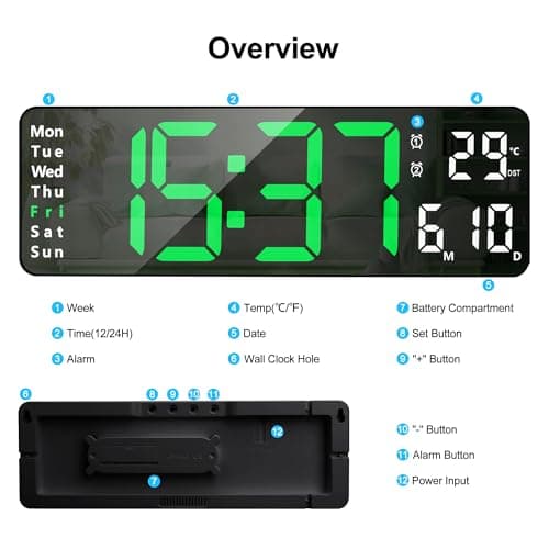 Lafocuse Horloge Murale Numérique LED, Grande Affichage 32cm avec Télécommande, Température, Date, Jour, 2 Alarmes, 12/24H, Luminosité Réglable Pendule Murale pour Salon Cuisine Bureau, Vert