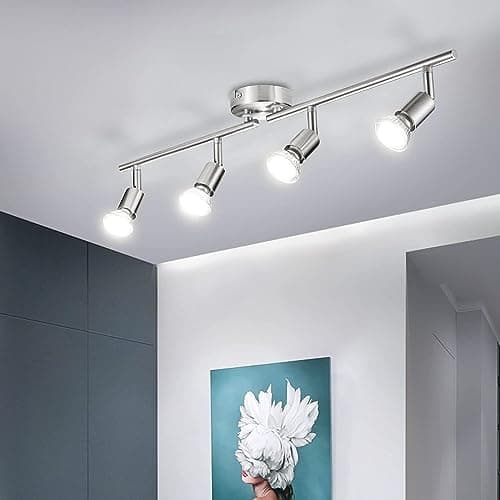 Bojim Plafonnier LED 4 Spots Orientables Pivotants, Nickel Mat Éclairagede Plafond pour Cuisine, Salon, Chambre, 4 x Ampoules LED GU10 incl (6W, 550lm, 4000K Lumière Blanche, Non Dimmable)