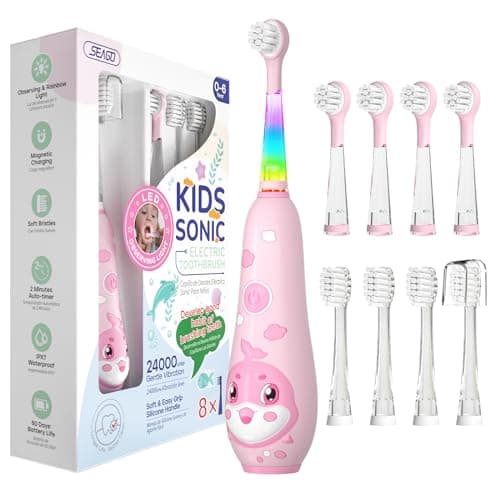 seago recharge brosse a dent enfant, brosse a dent electrique enfant de 2 ans à 6 ans, brosse a dent bebe avec lumière LED 8 têtes, minuteur et vibrations (rosa)