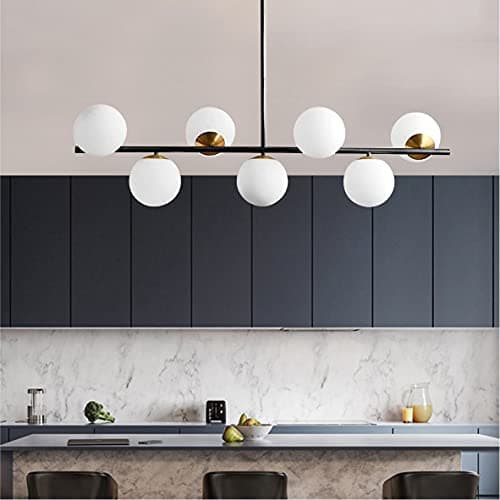 KCO Éclairage noir et laiton - Lustre moderne Spoutnik - 7 lumières - Globe en verre de lait - Pour cuisine, salle à manger, salon, chambre à coucher
