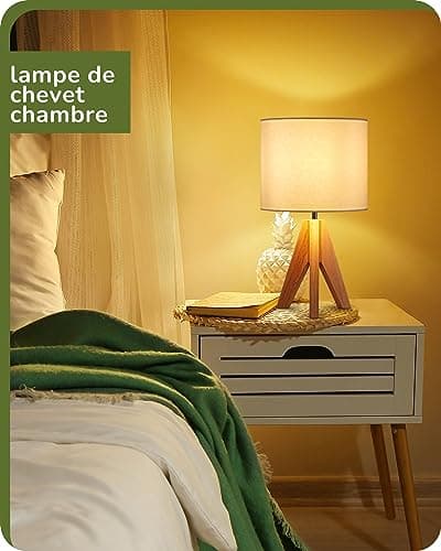 EDISHINE Lampe de Chevet Lot de 2, E27 Douille, Trépied Vintage, Ampoule Incluse, 36 x 20 x 20 cm, Lampe de Table en Bois pour Chambre à Coucher, Salon, Hôtel, Abat-jour en Lin Blanc