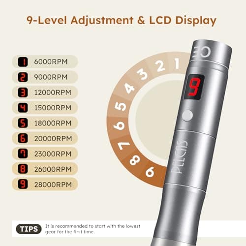 PELCAS Dermapen avec 9 Vitesses, Microneedling Pen Professionnel Réglable de 0 à 2,0 mm avec Écran LCD et 12 Aiguilles, Microneedling Pen Sans Fil Pour le Visage et le Corps