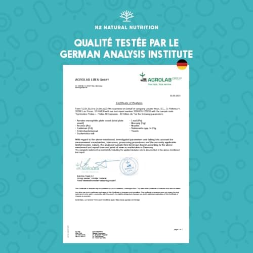 Probiotique Flore Intestinale avec inuline pour une efficacité maximale. Ferments Lactiques. Lactobacillus rhamnosus. 40 Milliards de Bactéries UFC/jour. 6 souches. 60 Capsules. N2 Natural Nutrition