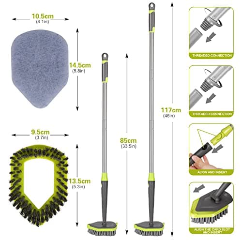 Masthome Brosse de Nettoyage 2 en 1 pour Baignoire et Carrelage avec Manche Long, Brosse à Récurer Amovible à Poils Rigides et 2 tête éponge pour Salle de Bain, Baignoire, Sol